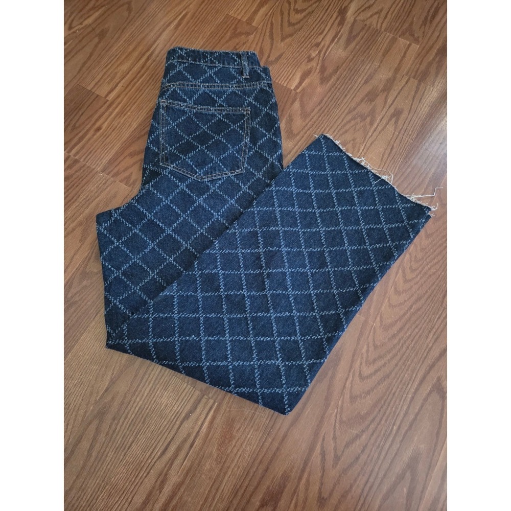 OAT New York Diamond Pattern Wide Leg Jeans Indigo Raw Hem High Rise Women 10/30